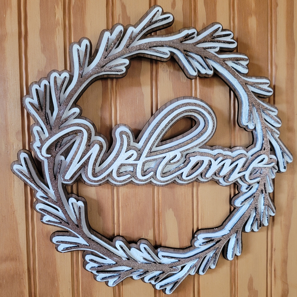 Handmade Rustic Welcome Wall Decor - White and Rose Gold Glitter